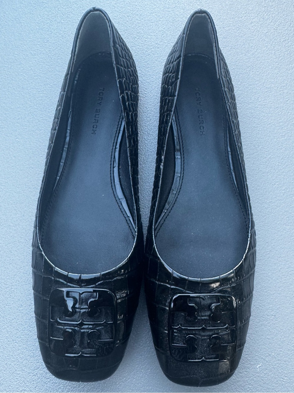Tory Burch New Black Georgia Croc-Embossed Logo Ballet Flats Size 7.5